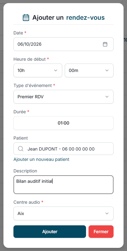 Fenêtre Ajouter un rendez-vous