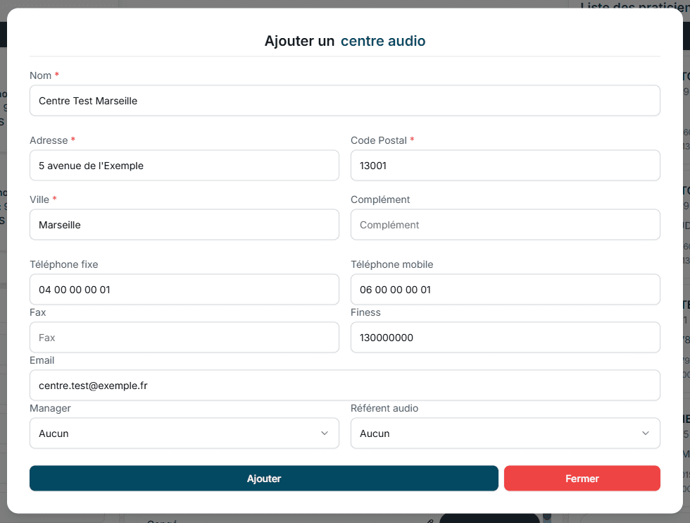 Fenêtre Ajouter un centre audio