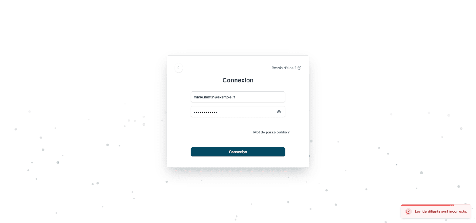 Message d'erreur sur l'écran de connexion