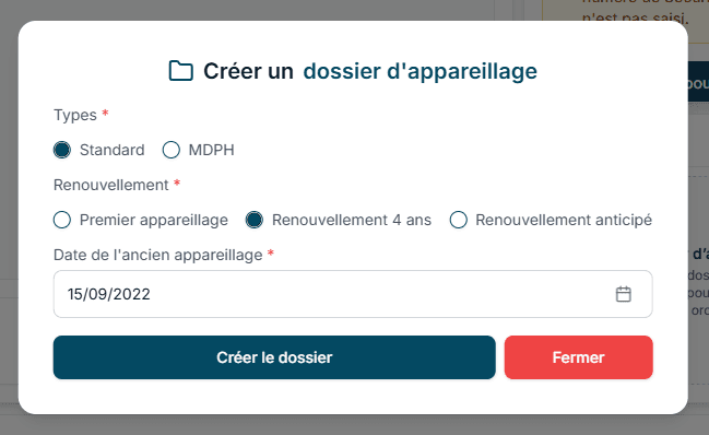 Fenêtre Créer un dossier d'appareillage