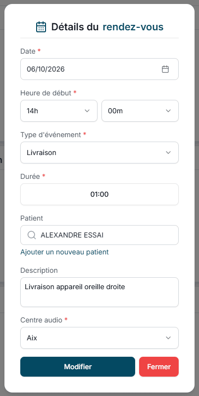 Fenêtre Détails du rendez-vous