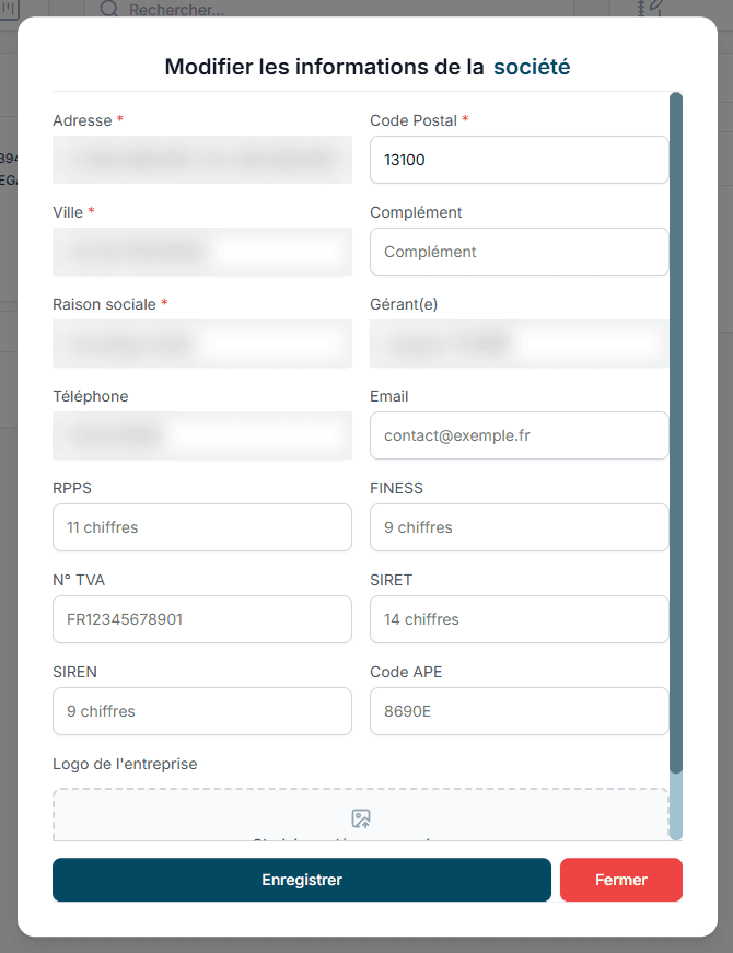 Modification des informations de l'entreprise