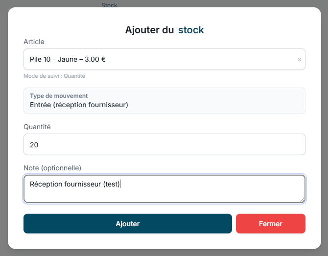 Fenêtre Ajouter du stock