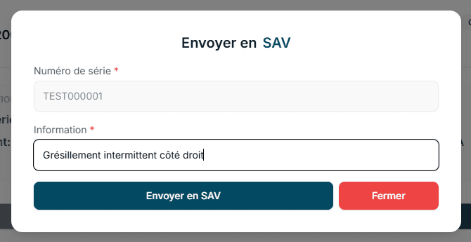 Fenêtre Envoyer en SAV