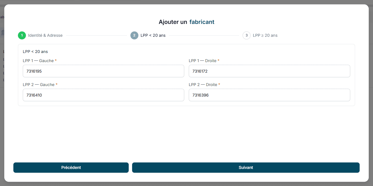 Formulaire fabricant, codes LPP