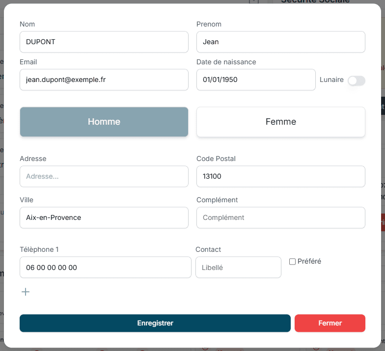 Fenêtre de modification du patient