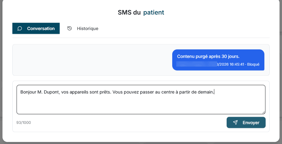 Fenêtre SMS du patient
