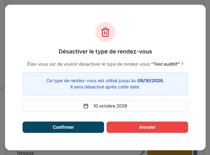 Désactivation d'un type de rendez-vous