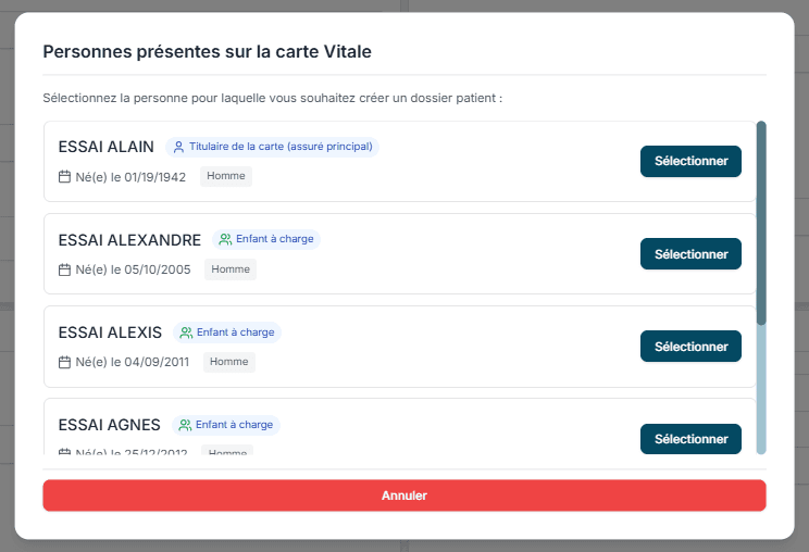 Choix de la personne sur la carte Vitale