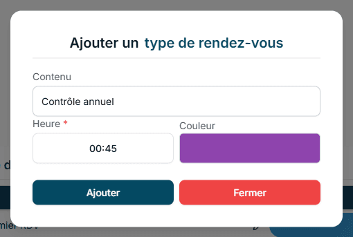 Fenêtre Ajouter un type de rendez-vous